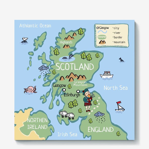 Холст &laquo;Карта Шотландии. Cartoon map of Scotland.&raquo;
