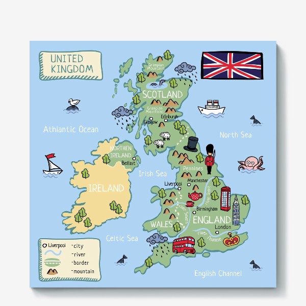 Холст &laquo;Карта Англии. Cartoon map of England.&raquo;
