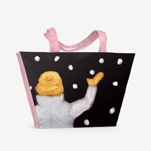 Пляжная сумка «Снег и снежинки Ребенок ловит снег Праздник Рождество Пастель»