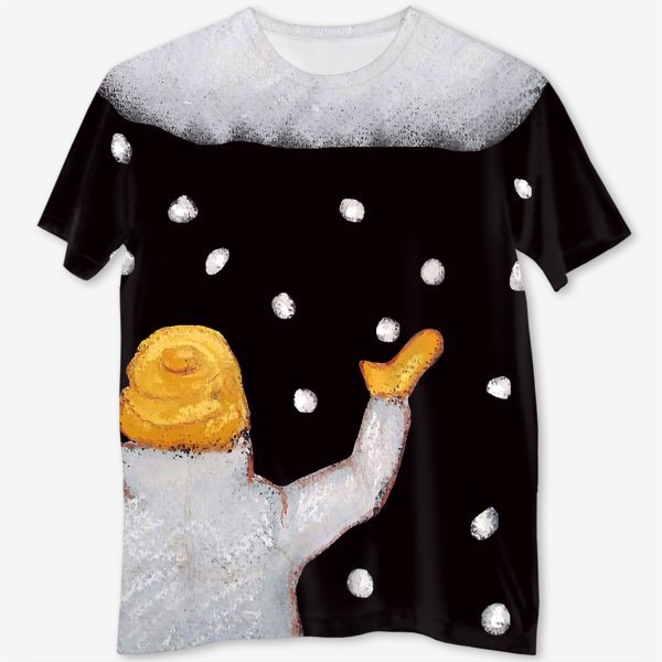Футболка с полной запечаткой «Снег и снежинки Ребенок ловит снег Праздник Рождество Пастель»