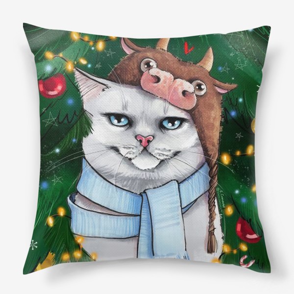 Подушка «Новогодний кот в шапке с быком под ёлкой»