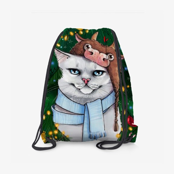 Рюкзак «Новогодний кот в шапке с быком под ёлкой»