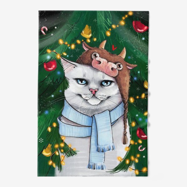 Полотенце «Новогодний кот в шапке с быком под ёлкой»