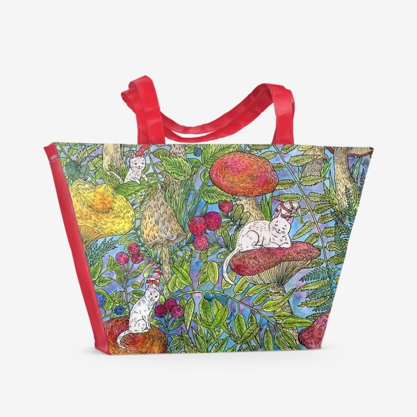 Пляжная сумка «Лесная сказка с грибами и котами»
