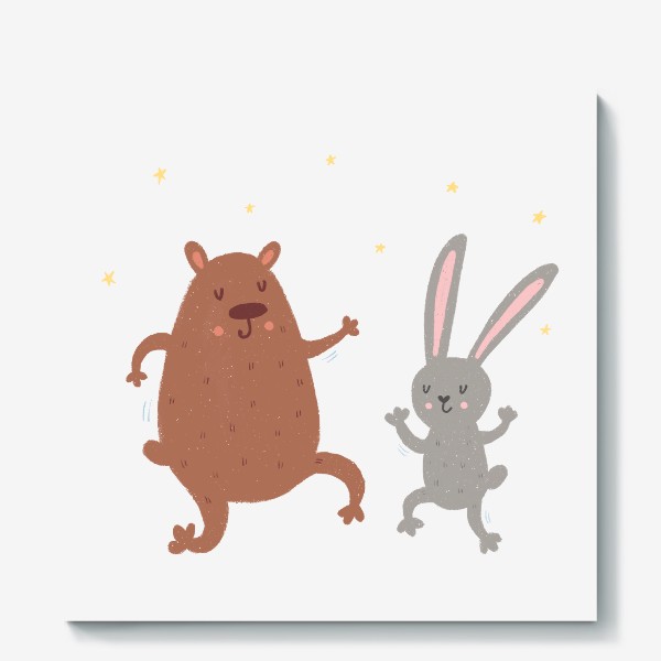 Холст «Веселые медведь и заяц танцуют»