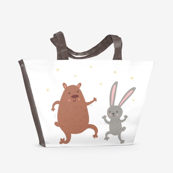 Пляжная сумка «Веселые медведь и заяц танцуют»