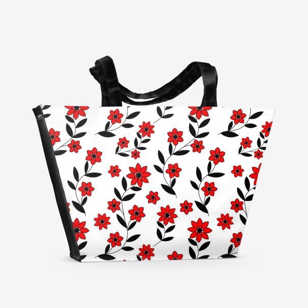 Пляжная сумка «Красные цветы на белом фоне»