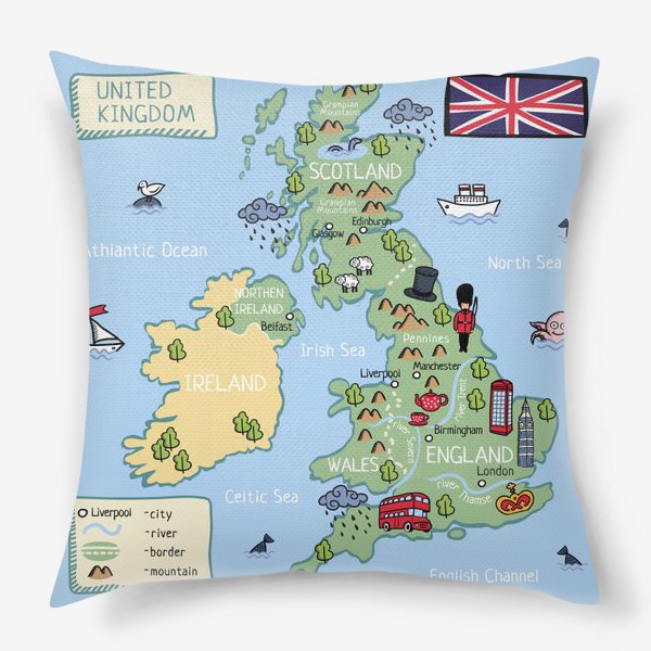 Подушка «Карта Англии. Cartoon map of England.»