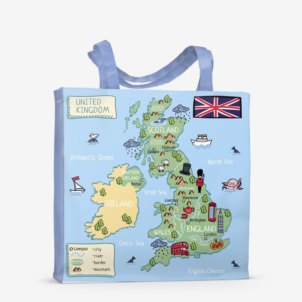 Сумка-шоппер &laquo;Карта Англии. Cartoon map of England.&raquo;