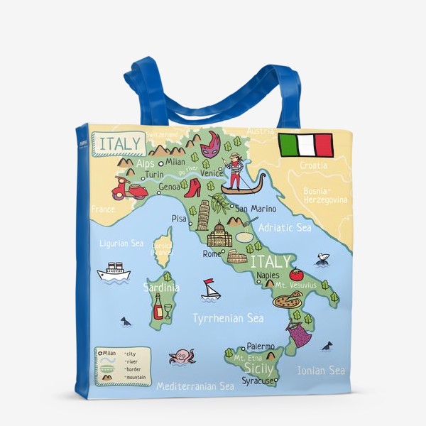 Сумка-шоппер «Карта Италии. Cartoon map of Italy.»