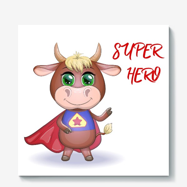 Холст «Бык, символ 2021 года, бык супер герой »
