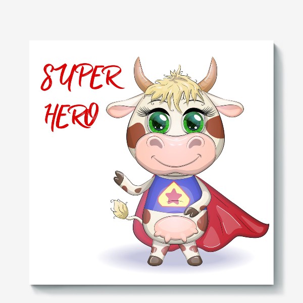 Холст «Бык, символ 2021 года, корова супер-герой спешит на помощь»