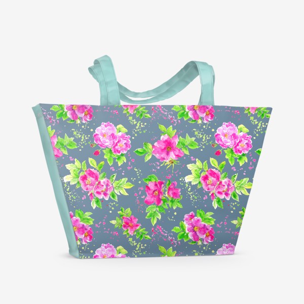 Пляжная сумка «Неоновый розовый шиповник на сером фоне»