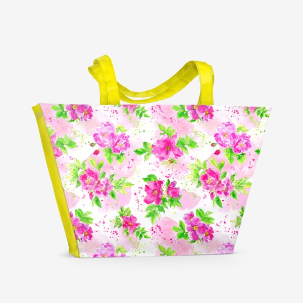 Пляжная сумка «Неоновый розовый шиповник на белом фоне»