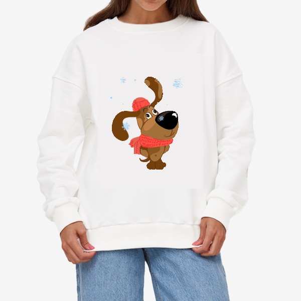 Свитшот «Зимняя иллюстрация с собакой и снежинками»