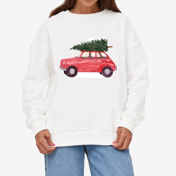 Свитшот «Красная машина с новогодней елкой на крыше. Рождественский акварельный принт на белом фоне»