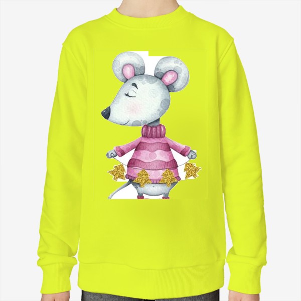 Свитшот «Новогодняя милая мышка в свитере с елочной гирляндой»
