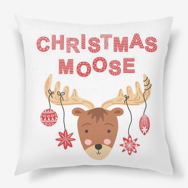 Подушка «Рождественский олень. Симпатичная мордочка оленя в сканди стиле с новогодними шарами на рогах»