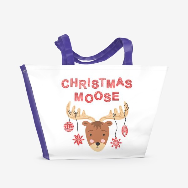 Пляжная сумка «Рождественский олень. Симпатичная мордочка оленя в сканди стиле с новогодними шарами на рогах»