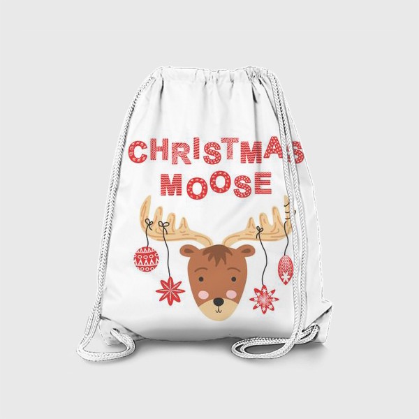 Рюкзак «Рождественский олень. Симпатичная мордочка оленя в сканди стиле с новогодними шарами на рогах»