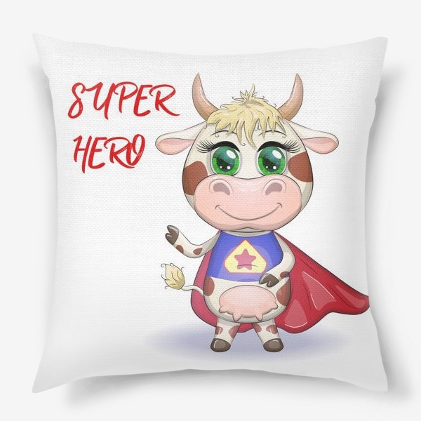 Подушка «Бык, символ 2021 года, корова супер-герой спешит на помощь»