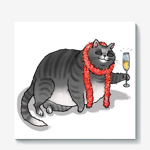 Холст &laquo;Новогодний кот с шампанским &raquo;