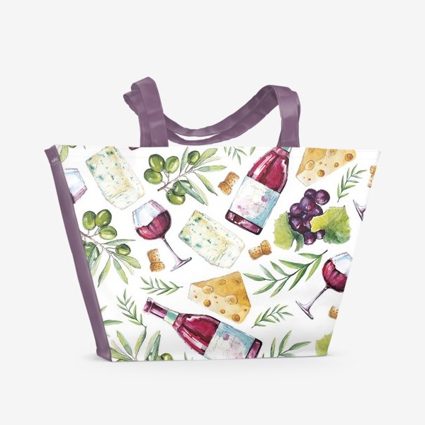 Пляжная сумка «Паттерн с вином, сыром и виноградом»