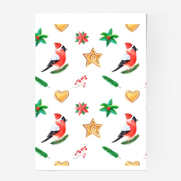 Постер «Новогодний Узор со снегирями и печеньем»