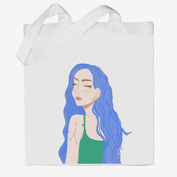 Сумка хб «Young pretty woman with long blue hair and zodiac tattoo, white background»