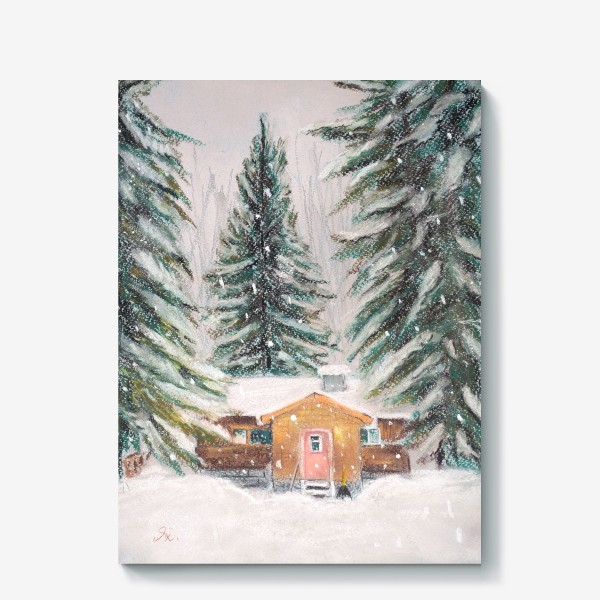 Холст «Дом в лесу Ели и снег Зимний пейзаж Пастель»