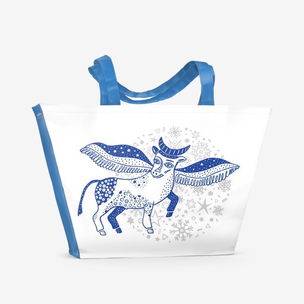 Пляжная сумка «Крылатый бык и снежинки»