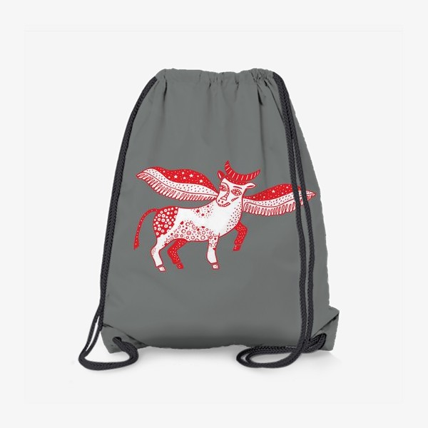 Рюкзак «Красный бык с крыльями. Серый фон»