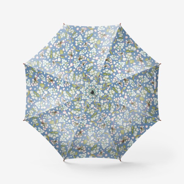 Зонт «Акварельные ягоды и веточки снежноягодника на голубом фоне»