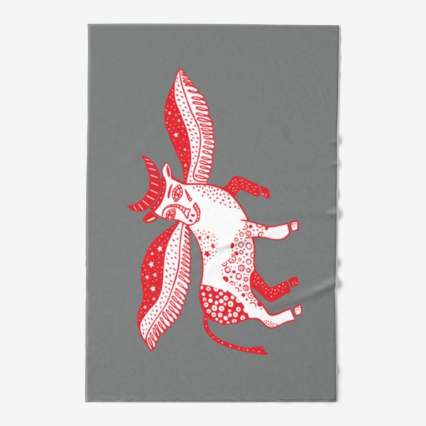 Полотенце &laquo;Красный бык с крыльями. Серый фон&raquo;