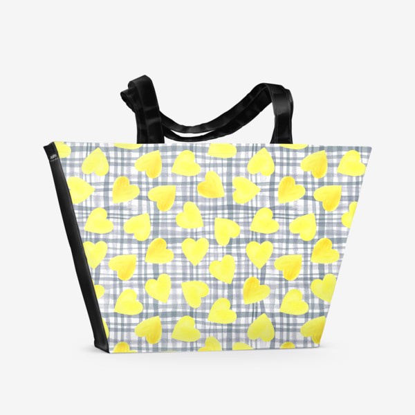 Пляжная сумка «Желтые сердечки на серой клетке»