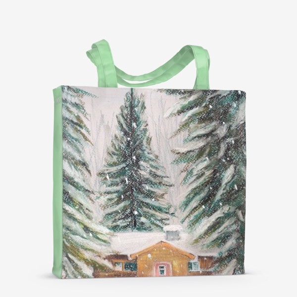 Сумка-шоппер «Дом в лесу Ели и снег Зимний пейзаж Пастель»