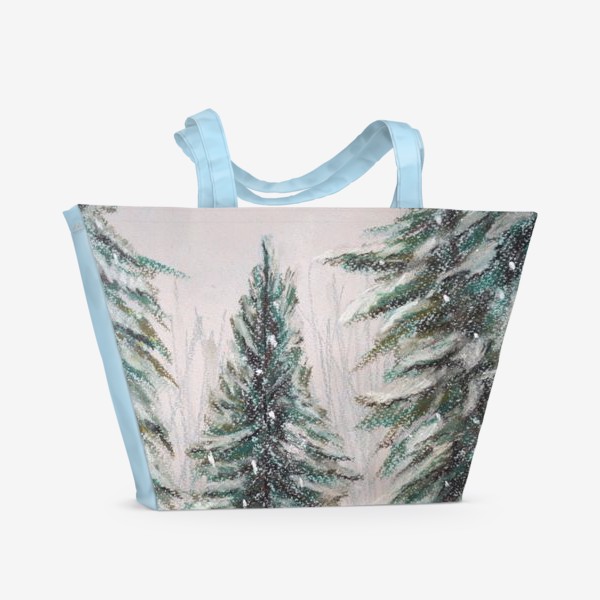 Пляжная сумка «Дом в лесу Ели и снег Зимний пейзаж Пастель»