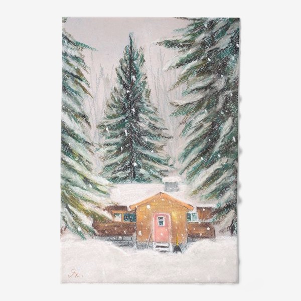 Полотенце «Дом в лесу Ели и снег Зимний пейзаж Пастель»