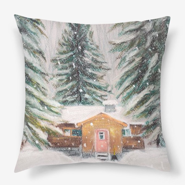 Подушка «Дом в лесу Ели и снег Зимний пейзаж Пастель»