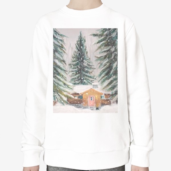 Свитшот «Дом в лесу Ели и снег Зимний пейзаж Пастель»