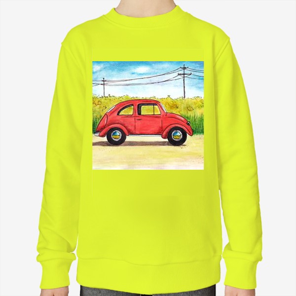 Свитшот «Винтажный красный ретро автомобиль на фоне цветочного поля и голубого неба»