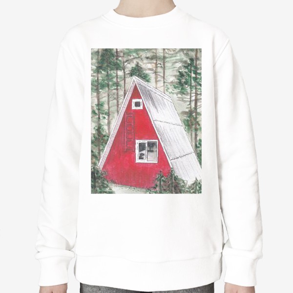 Свитшот «Треугольный красный дом в лесу среди сосен и ёлок»