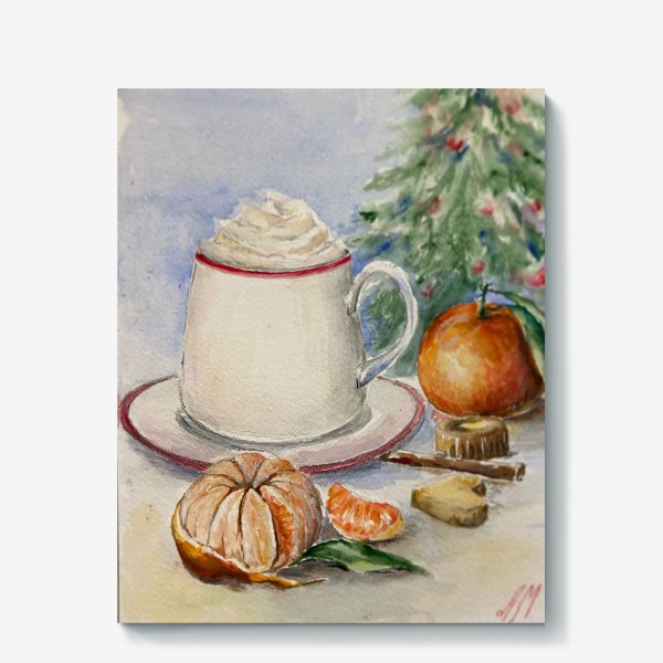 Холст &laquo;Новый год. Кофе, мандарины и елка &raquo;