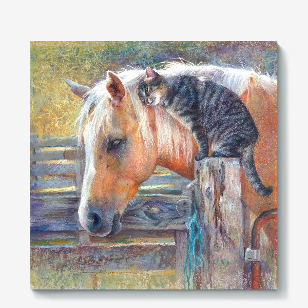 Холст «Лошадь и кот, дружба, пастель»