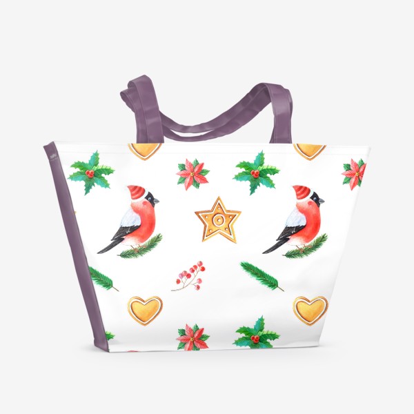 Пляжная сумка &laquo;Новогодний Узор со снегирями и печеньем&raquo;