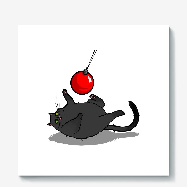 Холст &laquo;Чёрный кот играет с новогодним шариком &raquo;