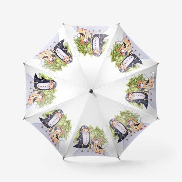 Зонт «Год быка. Новогодняя открытка с пингвином и быком.»