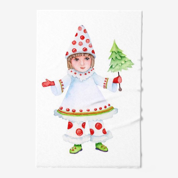 Полотенце «A girl in a New Year's suit of mushroom. Watercolor character illustration.»