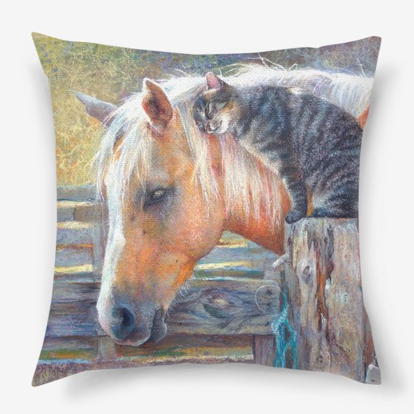 Подушка «Лошадь и кот, дружба, пастель»