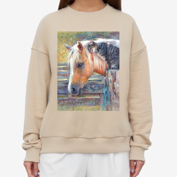 Свитшот «Лошадь и кот, дружба, пастель»
